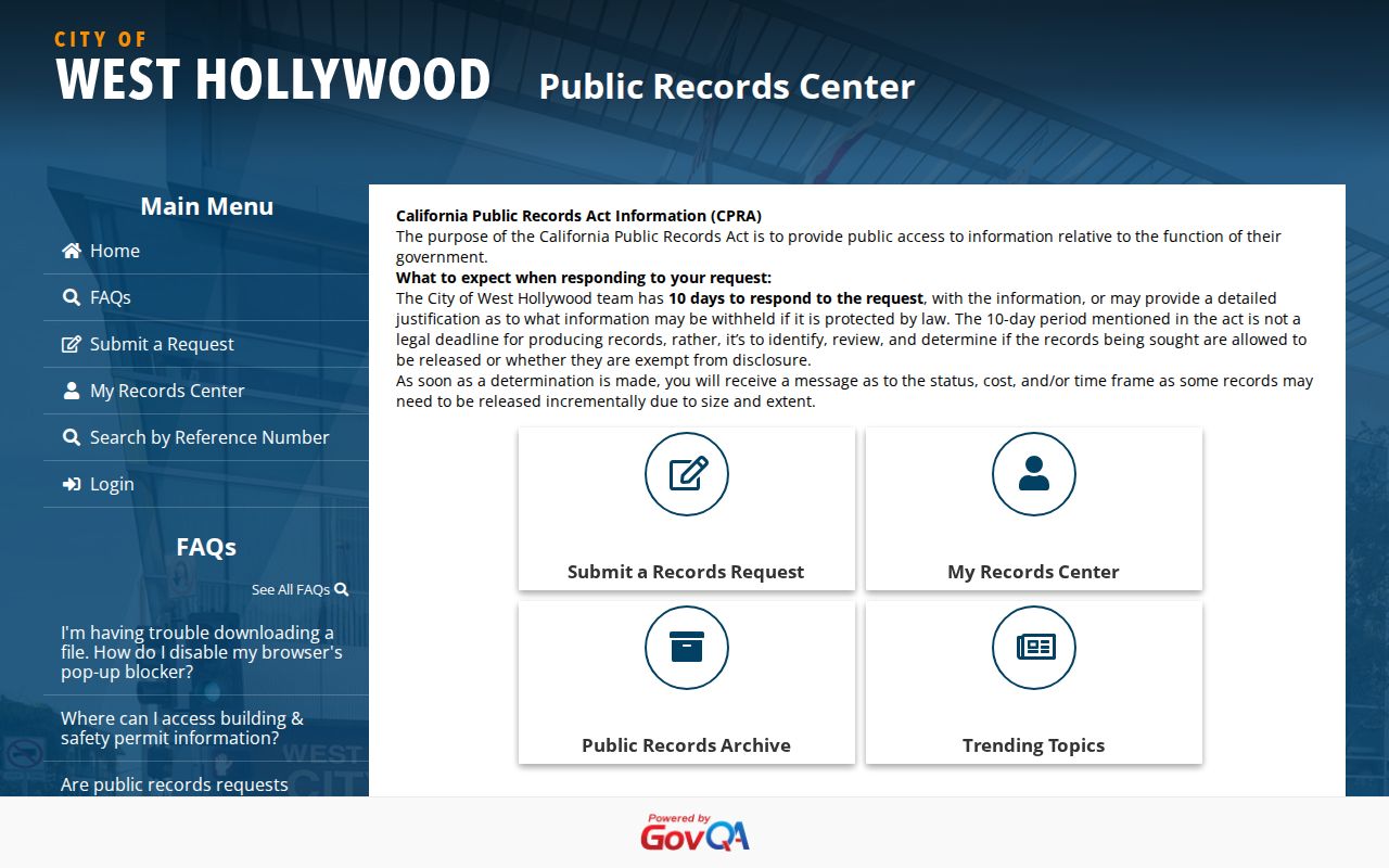 West Hollywood residents directory, city public-records request portal