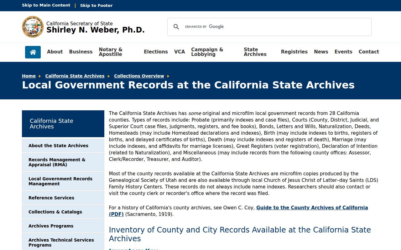 West Hollywood previous residents, California State Archives county and city records