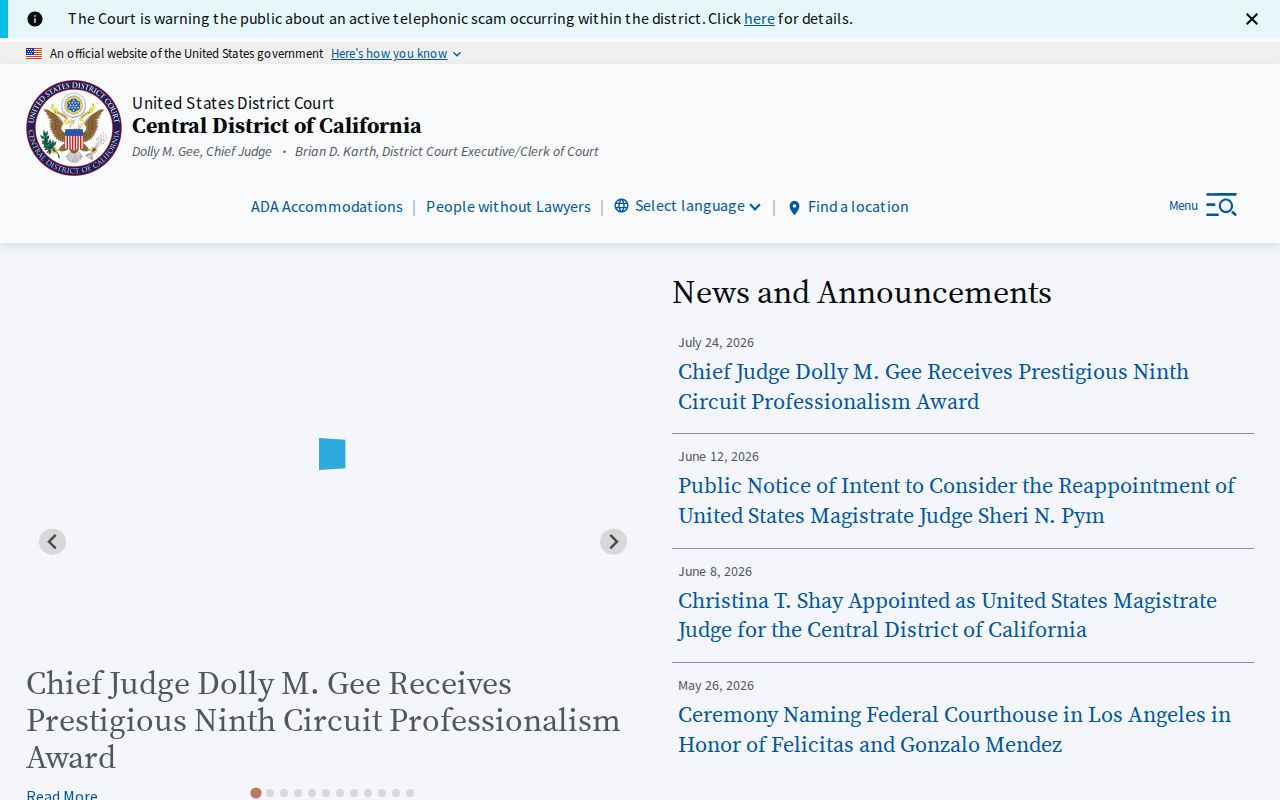 West Hollywood previous residents, Central District federal court access