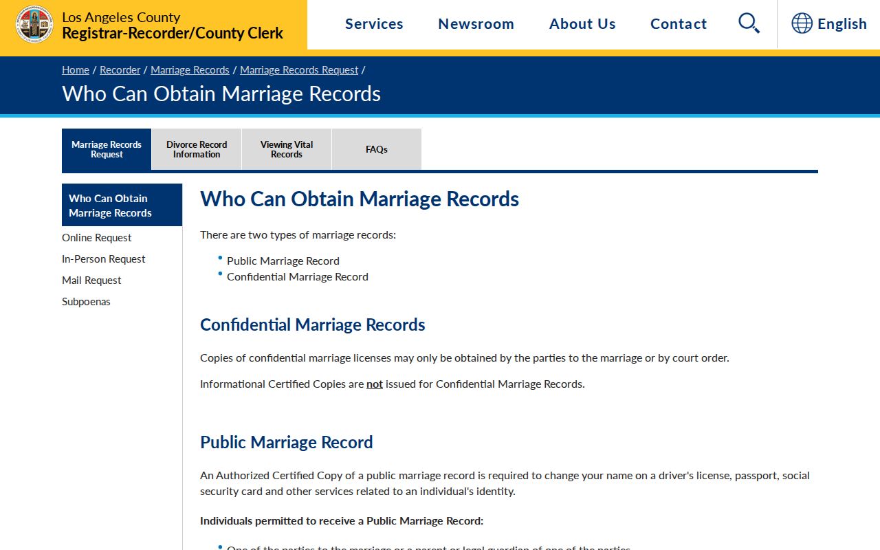 West Hollywood resident lookup, Los Angeles County marriage records