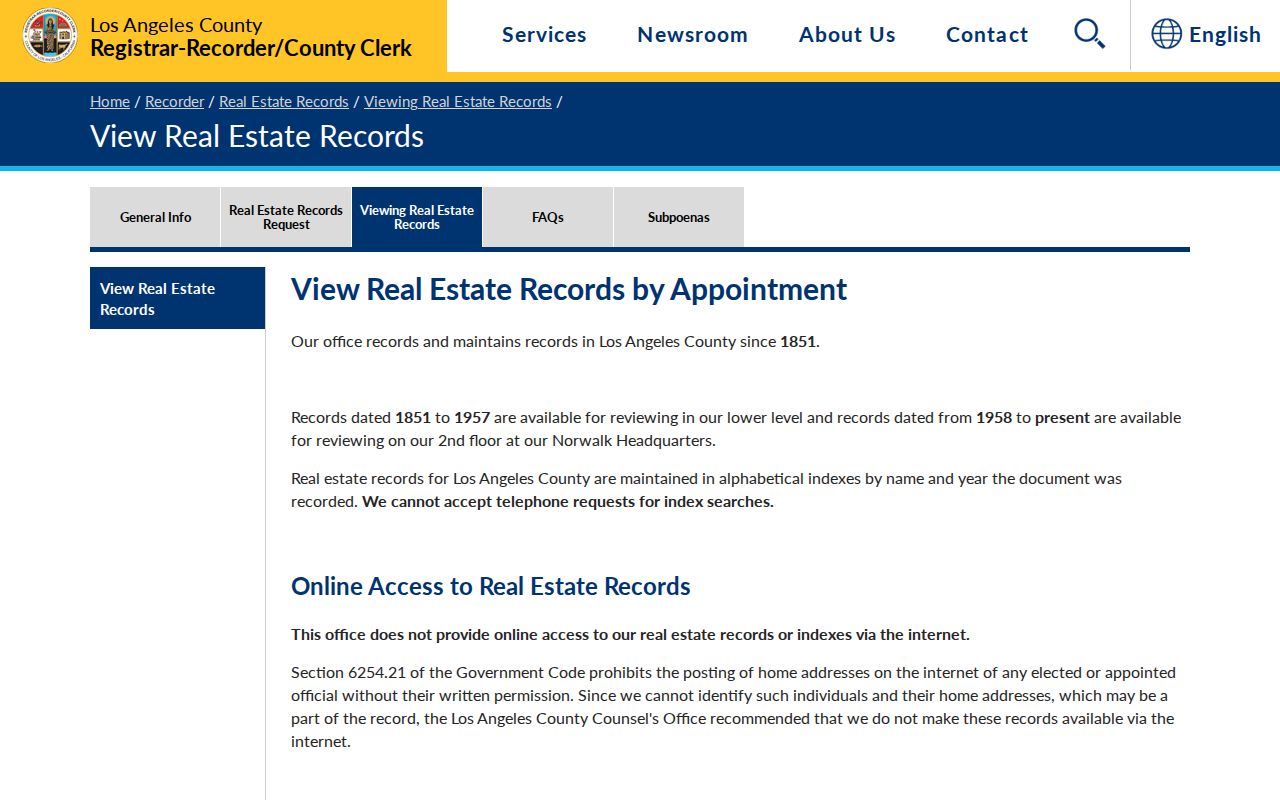 West Hollywood street directory, recorder index access by name and year
